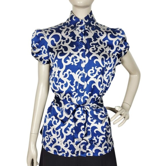 Vintage Y2k Bebe Silk Cobalt Grey Puff Sleeve Scroll Logo AOP Belted Blouse M/L - Picture 2 of 15